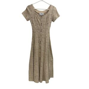 Vintage Crochet Dress Beige Button Front Fitted XXS XS 47"